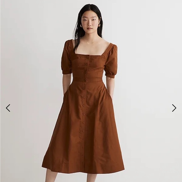 Madewell womens puff sleeve midi dress warm coffee brown linen blend 4 NEW - Picture 1 of 10